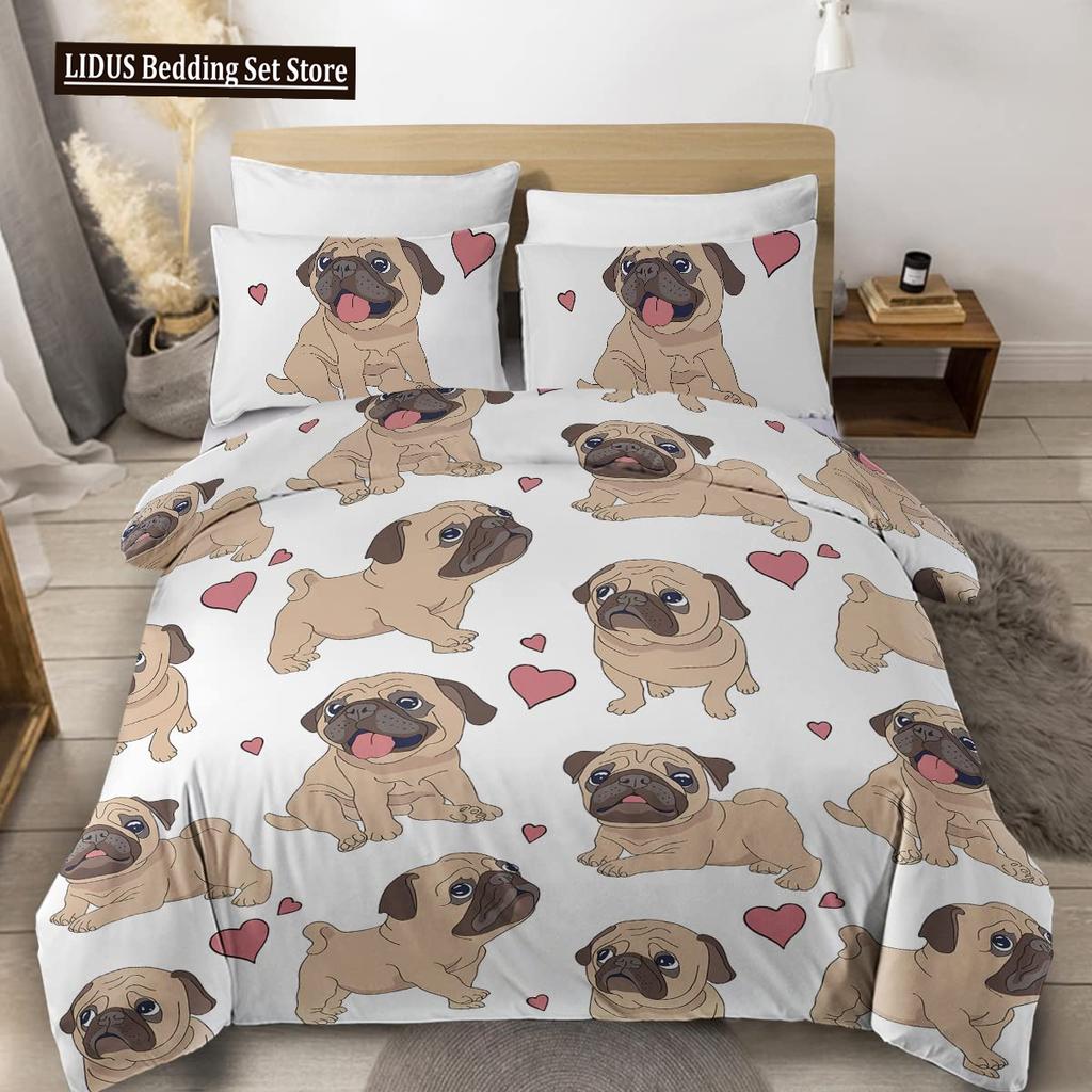 Set Biancheria da Letto con Stampa di Cani Carini Set Copripiumino Animale Cucciolo 2/3 Pezzi Copripiumino con Zampa di Cane Acquerello Pastello Set Letto per Amanti del Cane Carlino