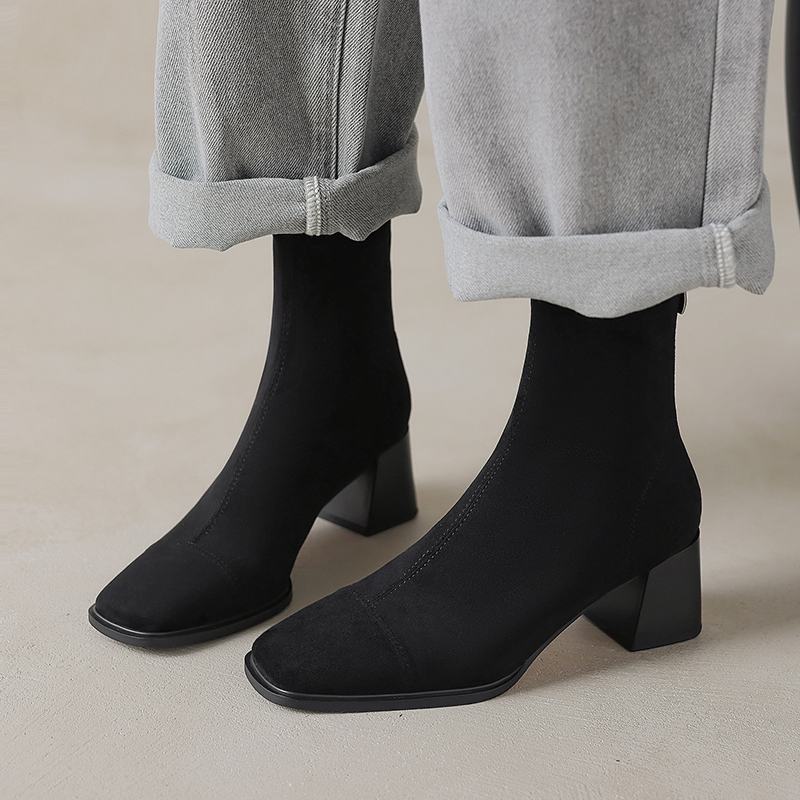 Krazing Pot микрофибра флок квадратный носок зимние толстые высокие каблуки модные сапоги женские размер 42 элегантные ботильоны в стиле пэчворк 34 чёрный