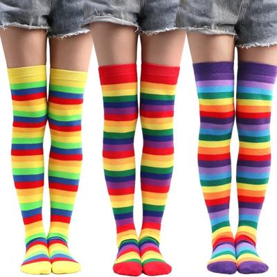 Women Girls Fancy Rainbow Colorful Stripes Over Knee Long Socks Halloween Cosplay Costume Knitted Stretchhy Thigh High