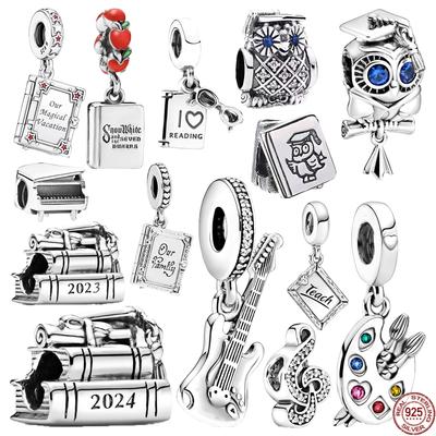 Sell Well S925 Sterling Silver Wise Owl Graduation Music Art Book Dangle Charm Beads Fit Original  Bracelet Jewelry Gift