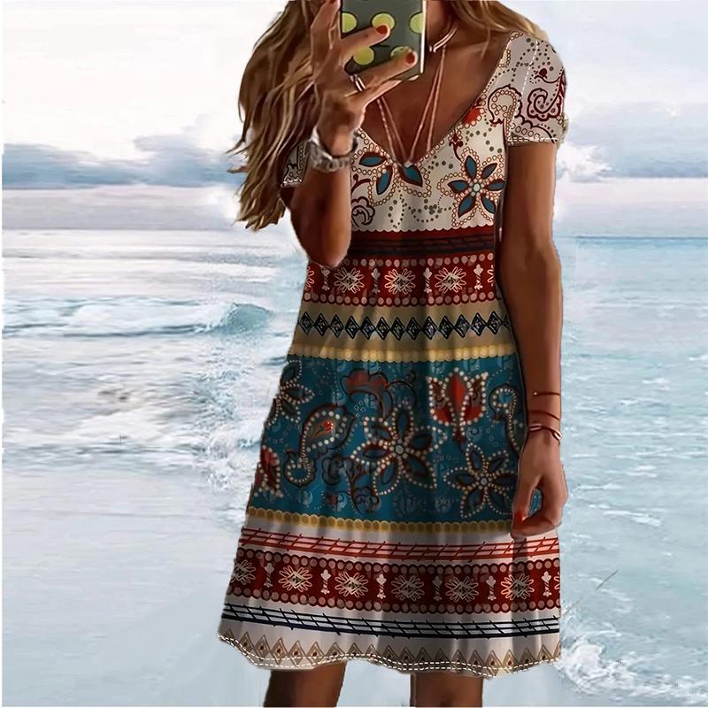 

Летняя мода Женское платье с V-образным вырезом и коротким рукавом в стиле ретро с принтом Сексуальное короткое платье-юбка 8XL коричневый