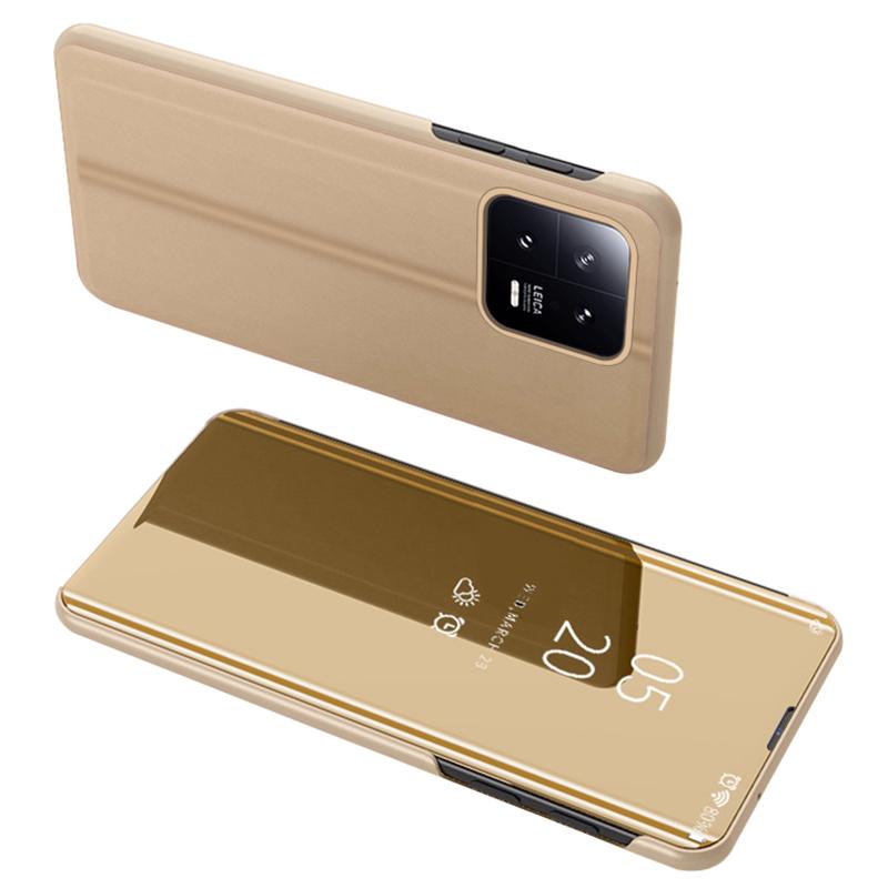 

View Window PU Leather Case for Xiaomi 13 5G,Stand Mirror Electroplating Phone Cover Gold