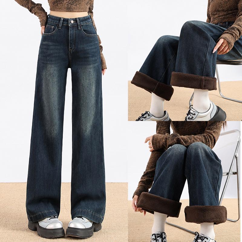 Petite Women's Fleece-Lined Wide-Leg Jeans: Slim-Fit, Stretchy, Fashionable, and Personalized for Autumn/Winter.