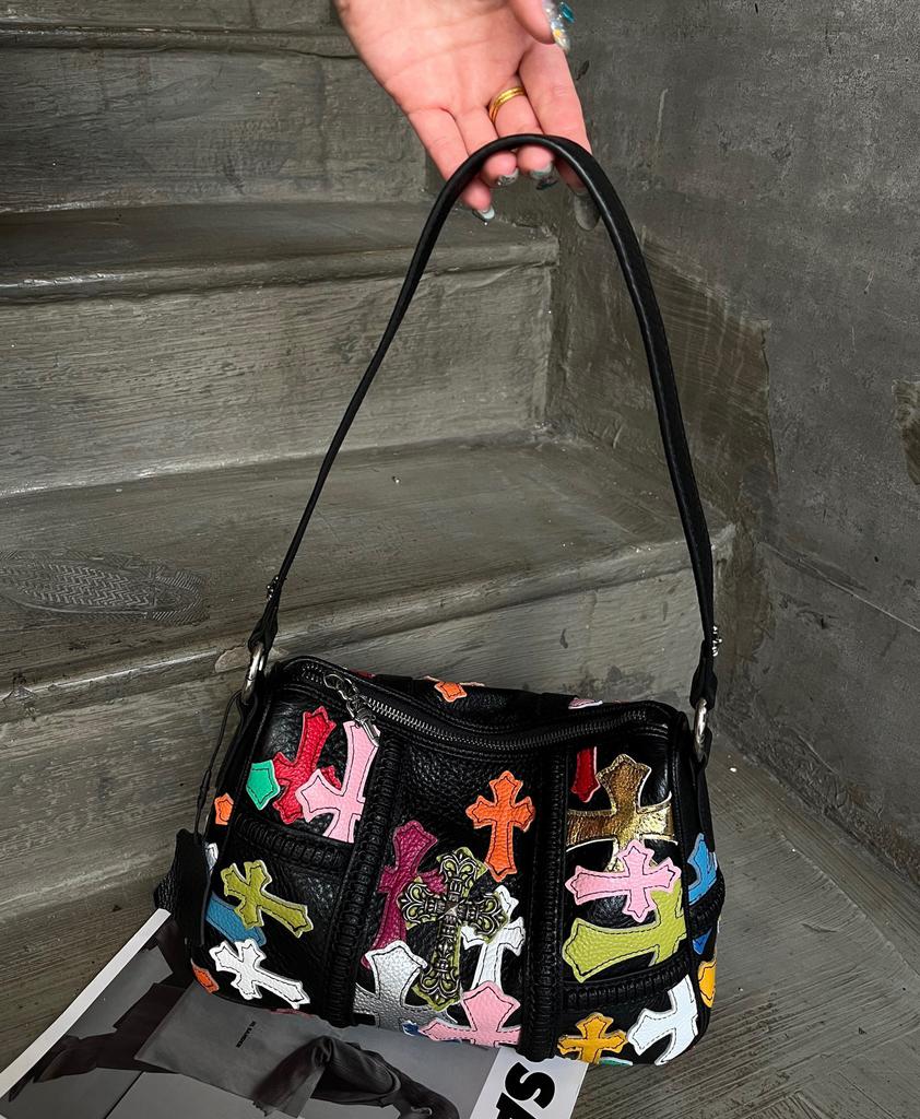 Color Splicing Hand-held Underarm Chicken Nugget Bag First Layer Cowhide Single Shoulder Men and Women of the Same Style Locomotive Hot Girl Bag