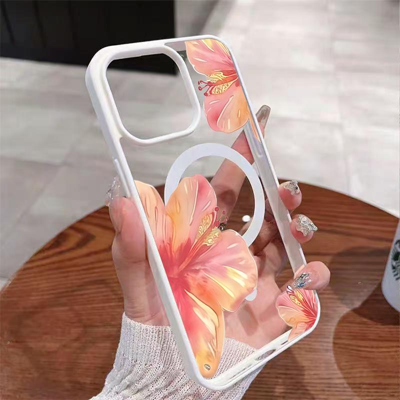 Watercolor Hibiscus Flower Design Magnetic Phone Case For iPhone 17 16 15 14 13 12 11 Pro Max Plus Air 16E Shockproof Back Cover