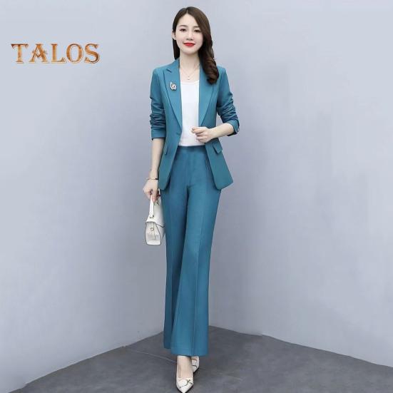 2 buc./set haină formală pentru damă, pantaloni, guler răsturnat, mâneci lungi, costum jachetă, slim fit, culoare pură, pantaloni evazați, îmbrăcăminte zilnică, ținută pentru navetă, birou