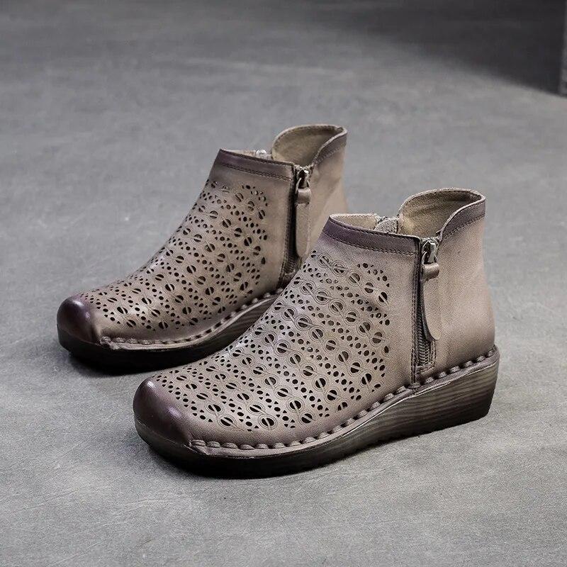 Johnature Genuine Leather Breathable Hollow Out Boots Retro Versatile Comfortable Women's Wedges Shoes