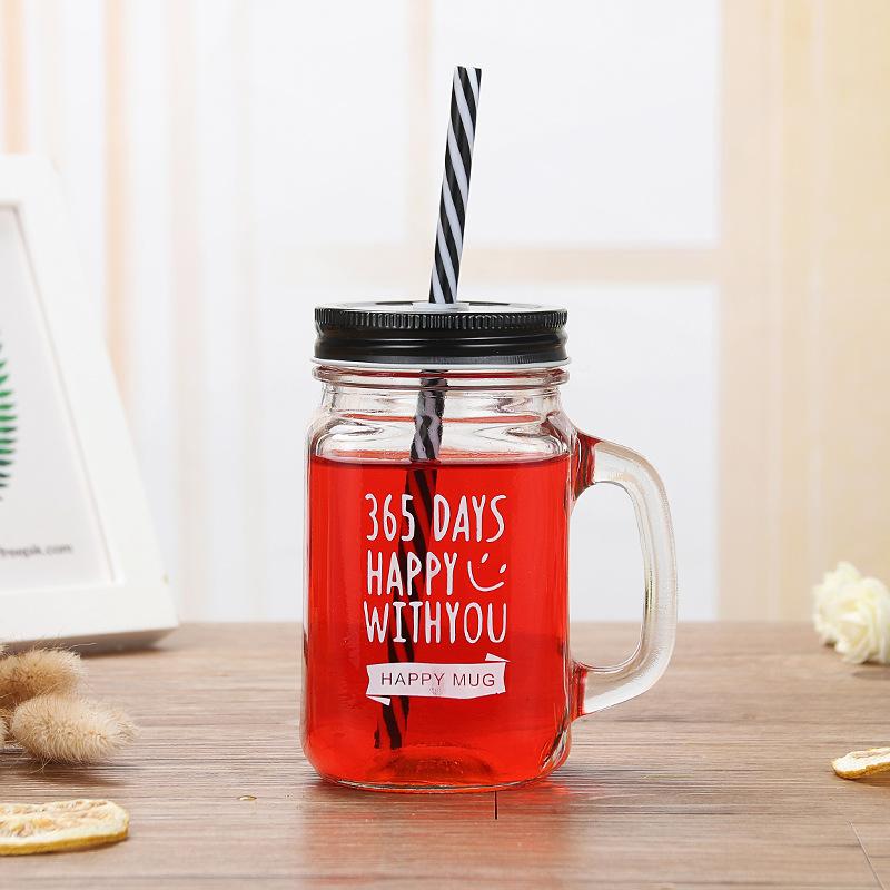English Letter Straw Cup Creative Rooster Cup Fresh Home with Lid Glass Milk Tea Packaging Mason Cup