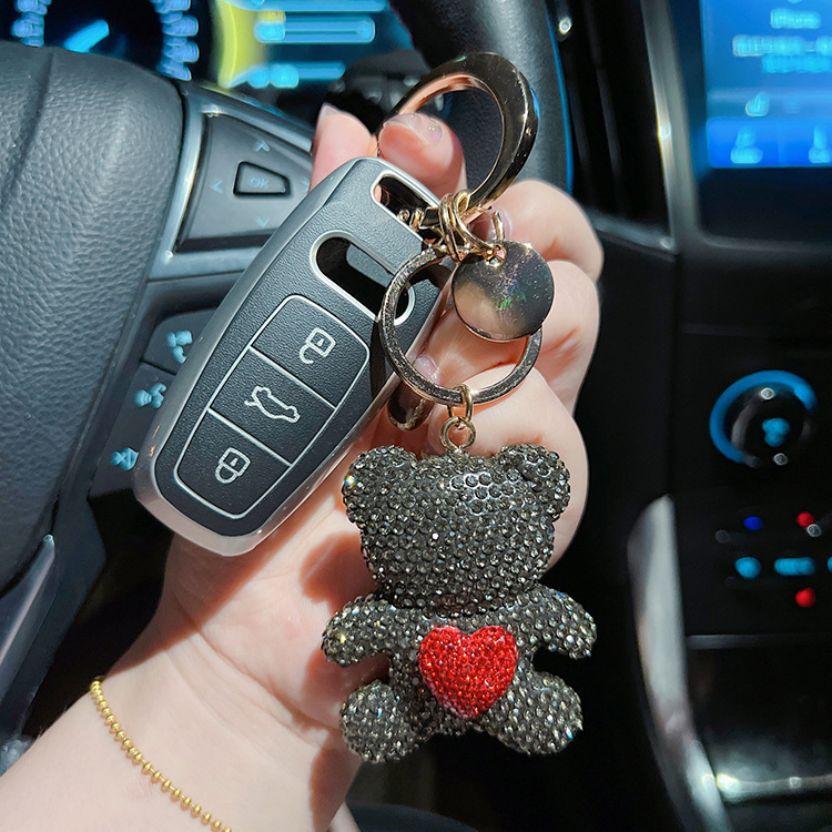 Unique Fun Keychain Gift For Girls Pure Handmade DIY Inlay Full Of Rhinestone Cute Bear Car Keychain Pendants And Bag Ornaments