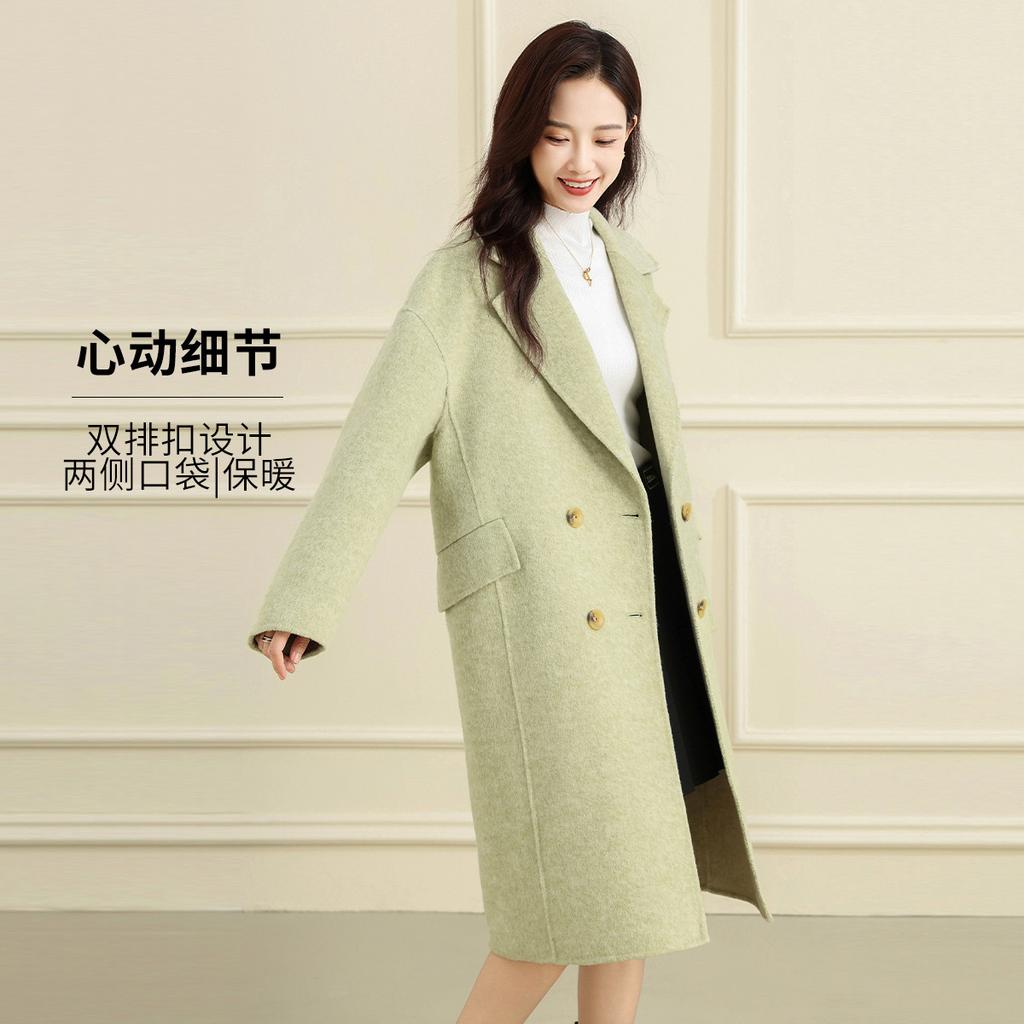 Sheep wool double breasted coat - autumn and winter loose, medium long, versatile women's coat with temperament