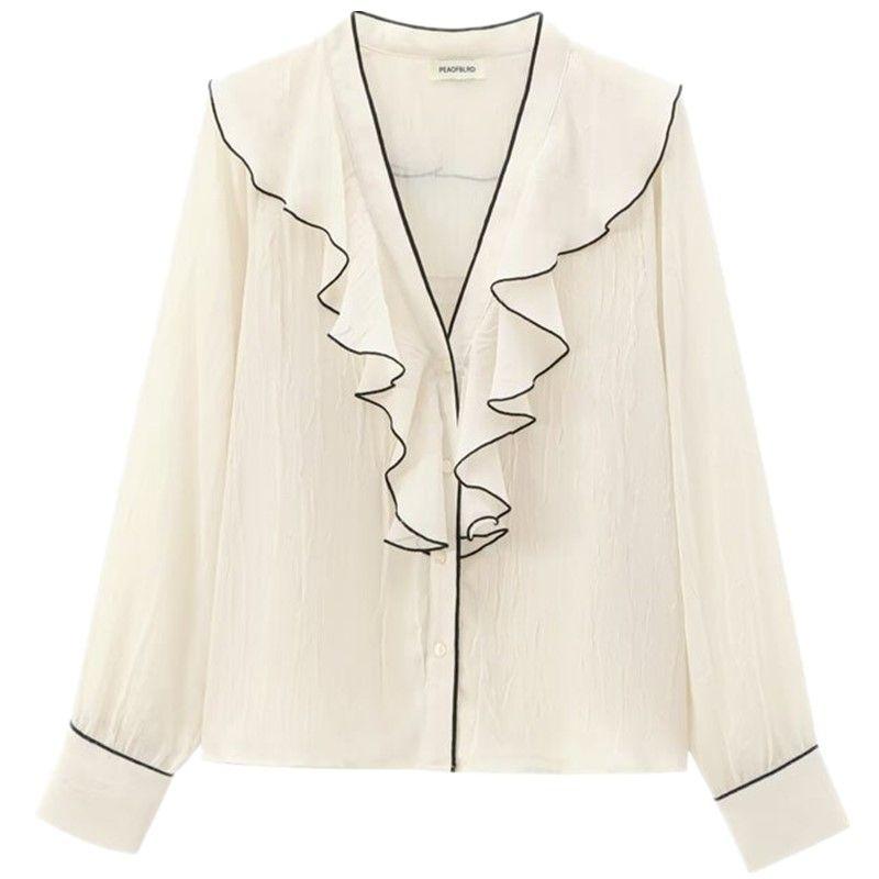 

Fashion Style 2024 Autumn New Stylish Contrast Color Trim Laminated Decoration Shirt 3897068 712 White L