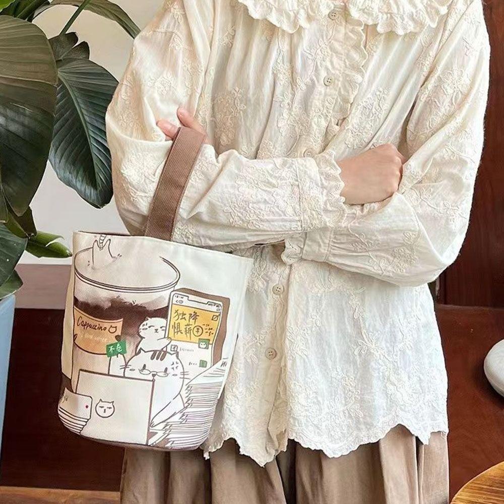 Large Capacity Cartoon Coffee Cat Bucket Bag Korean Style Lunch Bag Mummy Bag  Storage Bag
