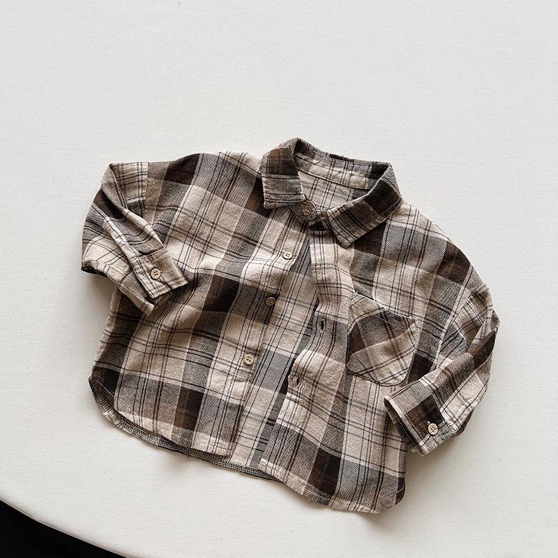 Kids Korean Style Retro Long Sleeve Plaid Shirt For Boys And Girls