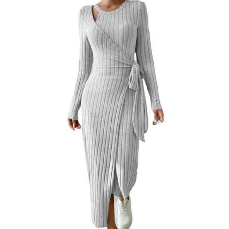 Women Fall Winter Knitted Solid Color Wrap Dress Hollow Out Lace Up Waist Round Neck Long Sleeve Irregular Hem Elastic