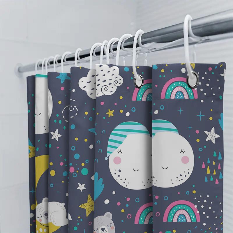 Whimsical Space Shower Curtain Kids Bedroom Decor with Moon Stars Pattern Blue Fabric Shower Curtains for Bathroom Waterproof Ho