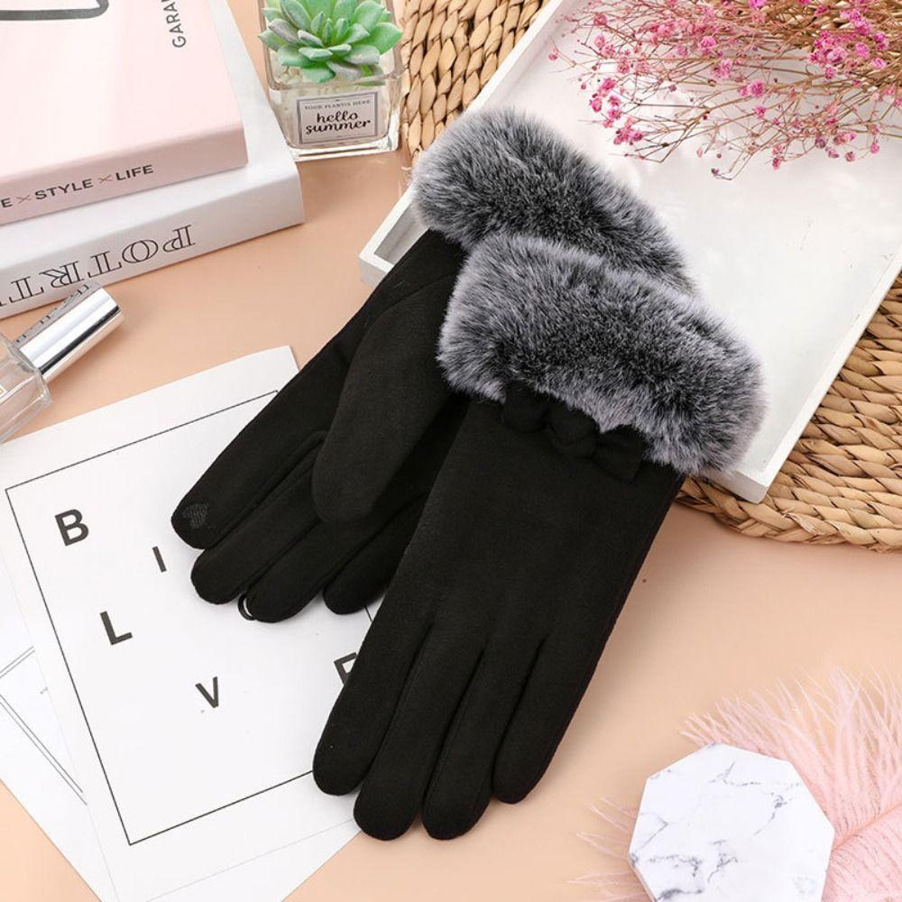 Keep Warm Winter Velvet Gloves  Women Mittens Soft Bow Plush Gloves  Ladies