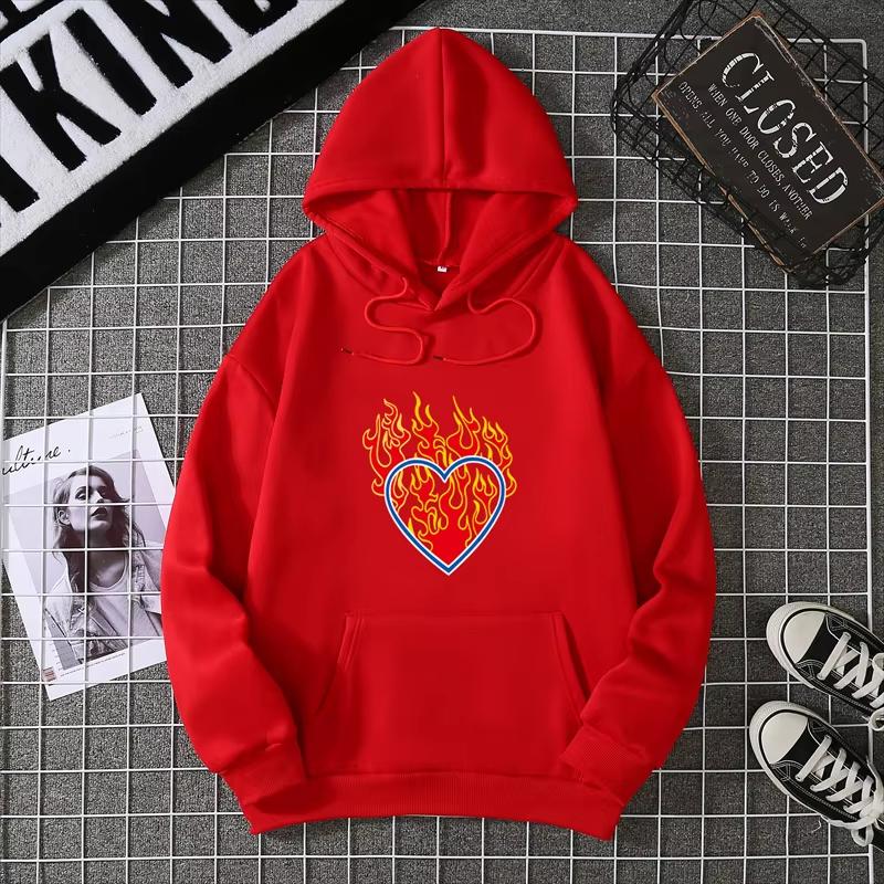 2025 Love Fire Graphic Print Hoodie Pure Cotton High Quality Loose Shoulder Hooded Sweater Trend New Fashion Sweatshirt CYXX291