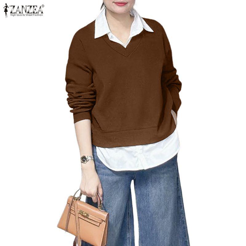 ZANZEA Dame Casual Nedslått Krage Langermet Patchwork Pullover Sweatshirts