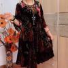 Autumn Vintage Women's Printed Plus-Size Velvet Dress Loose-Fit Round Neck Velvet Floral Casual Dress