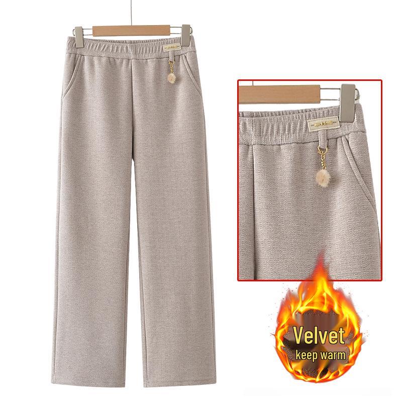 2025 Autumn/Winter Plus Velvet Thickened Elastic Waist Straight-Leg Casual Pants for Middle-Aged and Elderly Women