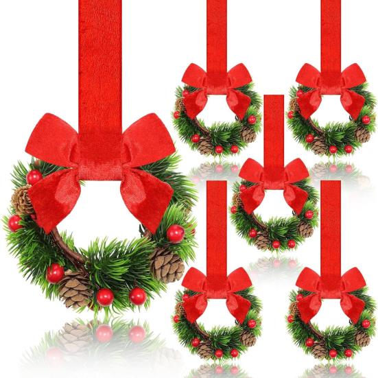 6 Pcs 6 Inch Christmas Mini Cabinet Wreaths Small Artificial Cedar Wreath with Ribbon Bow Pinecone Berry for Front Door Window Farmhouse Home