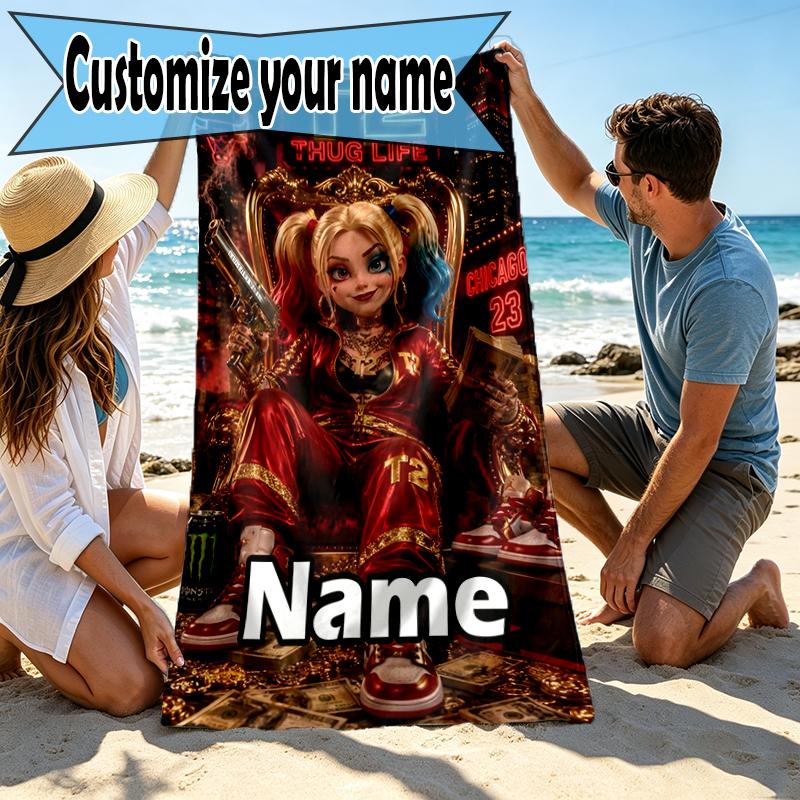 Custom Name Personalized Harley Quinn Joker Print Beach Towel, for Trip Camping Beach Party Home Decor, Birthday Gift for Family & Friends