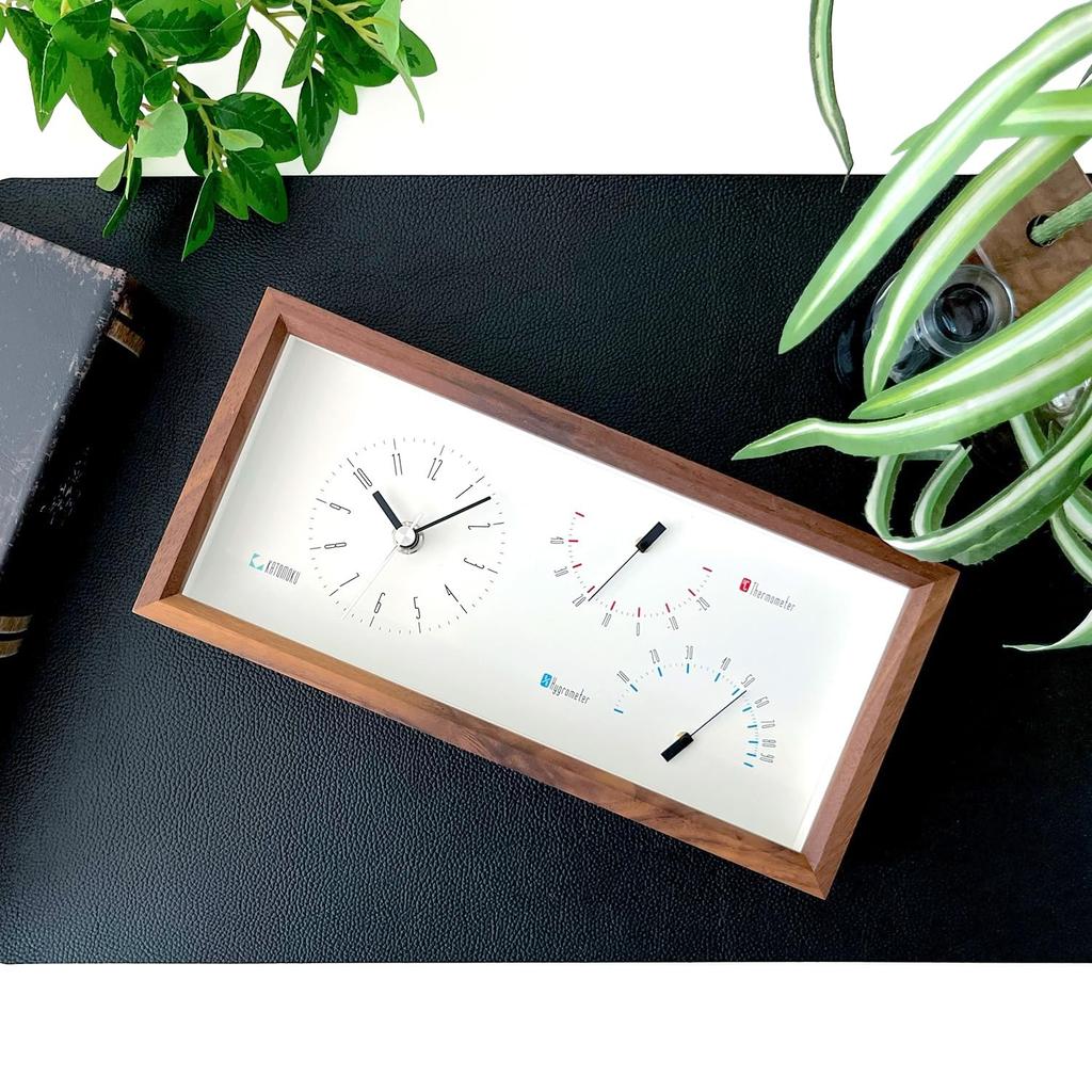 KATOMOKU Thermo Clock Walnut km-152WA Wooden Clock with Thermometer and Hygrometer, Wall or Tabletop Use, 25.5 x 12.1 x 4.6 cm
