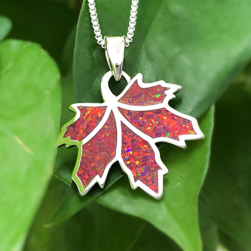 Hot Selling Copper Christian Opal Inlaid Maple Leaf Plant Pendant Silver Plated Autumn-Inspired Dainty Sweater Chain Necklace