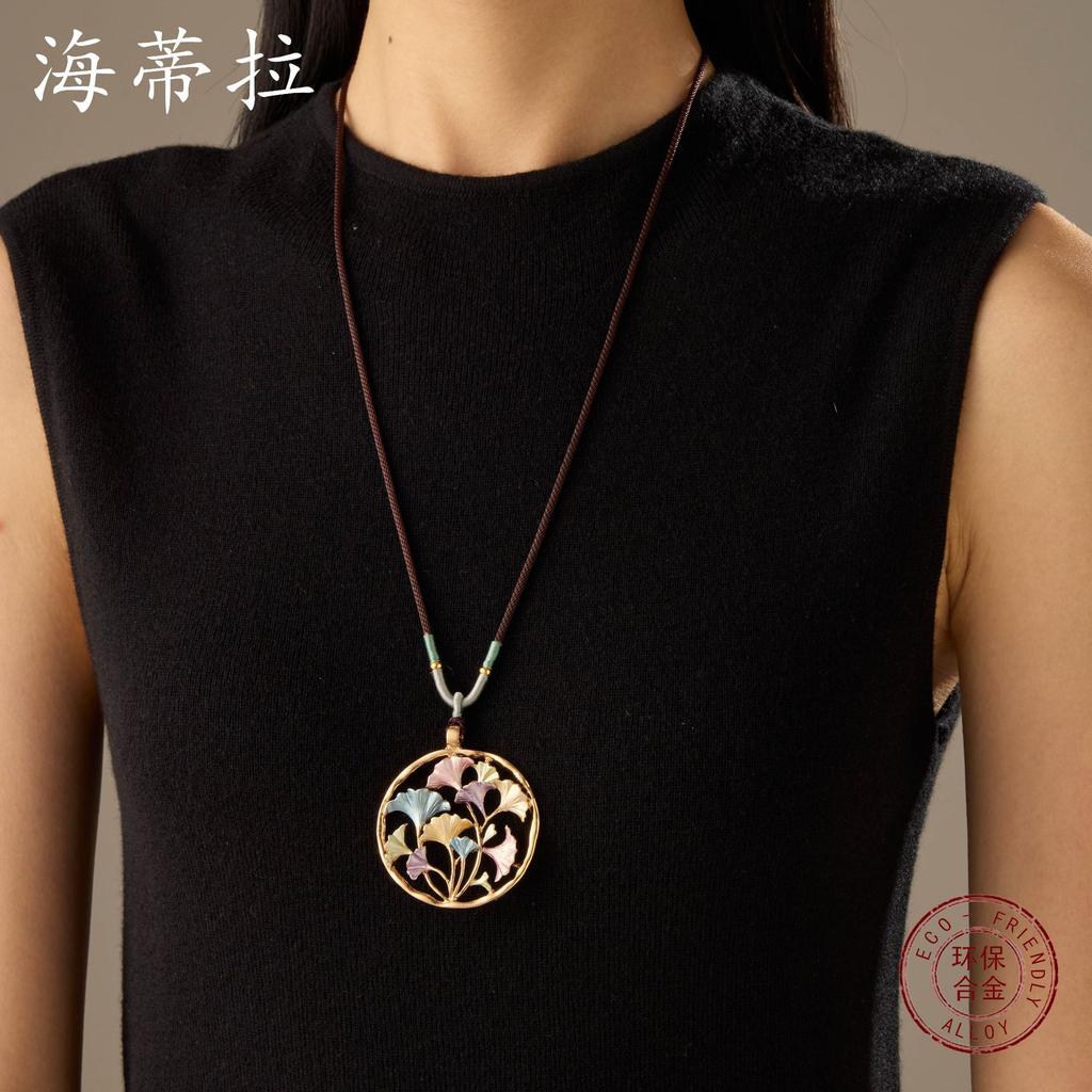 New round hollow color painting oil ginkgo biloba braided rope long pendant women's autumn and winter retro long necklace