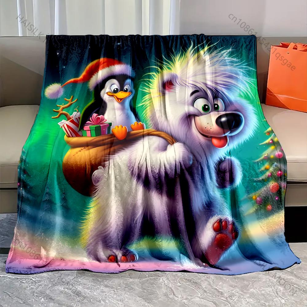 Christmas Polar Bear and Penguin Pattern Blanket Flannel Material Soft Warm for All Seasons, Home Outdoor Camping Picnics RV 75X95CM