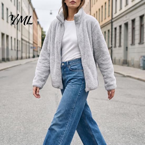 Long Sleeve Coat Women Zip-Up Fleece Jacket, Warm Stand Collar Fall Winter Apparel Coat, Solid Color Loose Casual Outerwear for Thick Jacket