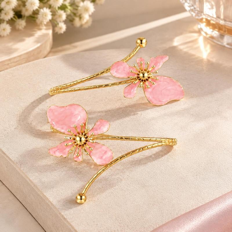 Openwork Upper Arm Cuff with Two Irregular Flowers, Intersecting Gold-Tone Bands, Rounded Ball Ends, and Clasp-Free Wear