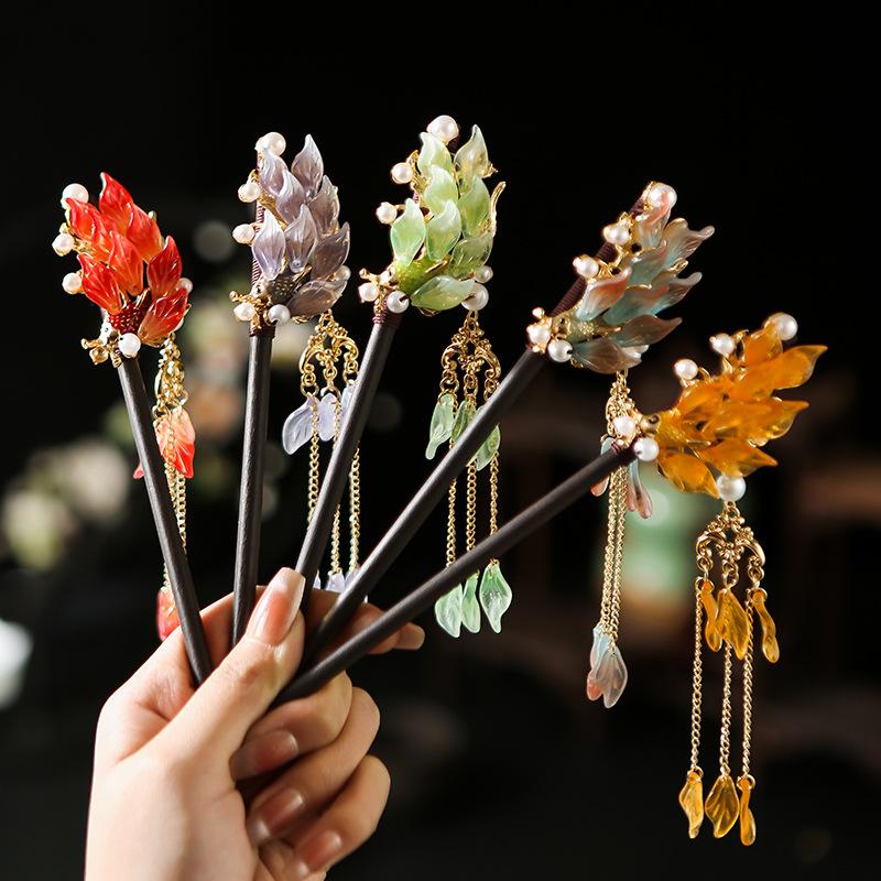 1 Stück Glas Fisch Haarnadel Antiker Kopfschmuck Sandelholz Haarnadel Frische Blütenblatt Haarnadel Neuer Chinesischer Stil Blütenblatt Quaste Haarnadel