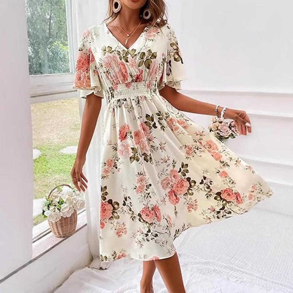 A Summer V-neck Short-sleeved Casual Floral Print Dress For Women