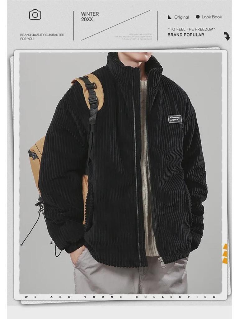 2024 Men's & Couple's Thick Windproof Corduroy Cotton Coat: American Retro, Cold-Resistant, Stand-Up Collar for Autumn/Winter.