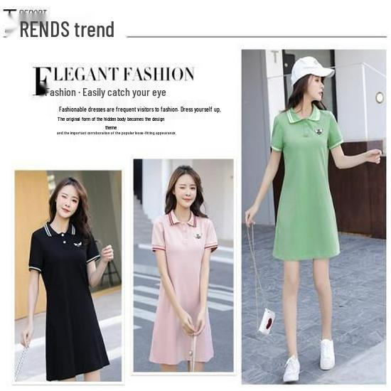 Summer Embroidered Short Sleeve Polo Collar Dress - Women's Loose Plus Size A-line Mid Skirt, College Style Color Block Design