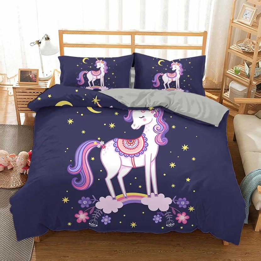 Unicorn Bedding Set King Queen White Pink Unicorn Duvet Cover for Girls Kids Dreamy Cartoon Sparkle Lilac Polyester Quilt Cover