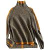 Women's Retro High-Neck Color-Block Knit Sweater - Thickened for Autumn/Winter, Loose Fit, Japanese Style
