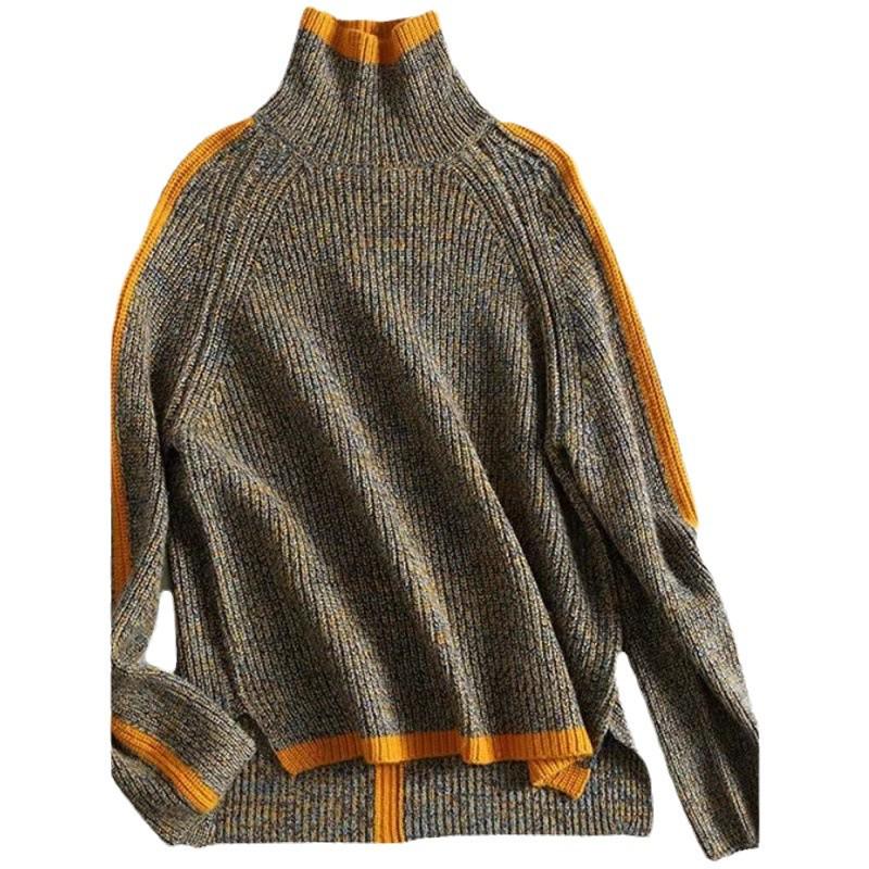Women's Retro High-Neck Color-Block Knit Sweater - Thickened for Autumn/Winter, Loose Fit, Japanese Style