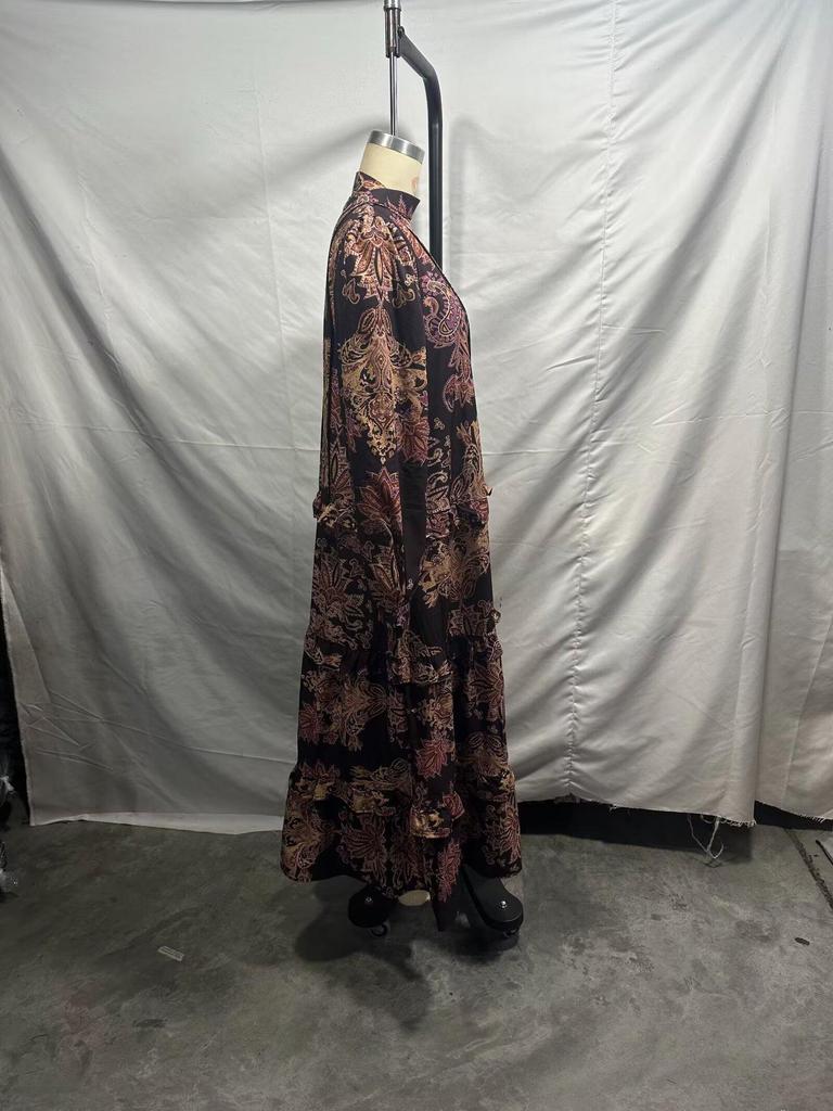 2025 Autumn Bohemian V-Neck Loose Fit Dress - European Style Printed Women's Clothing