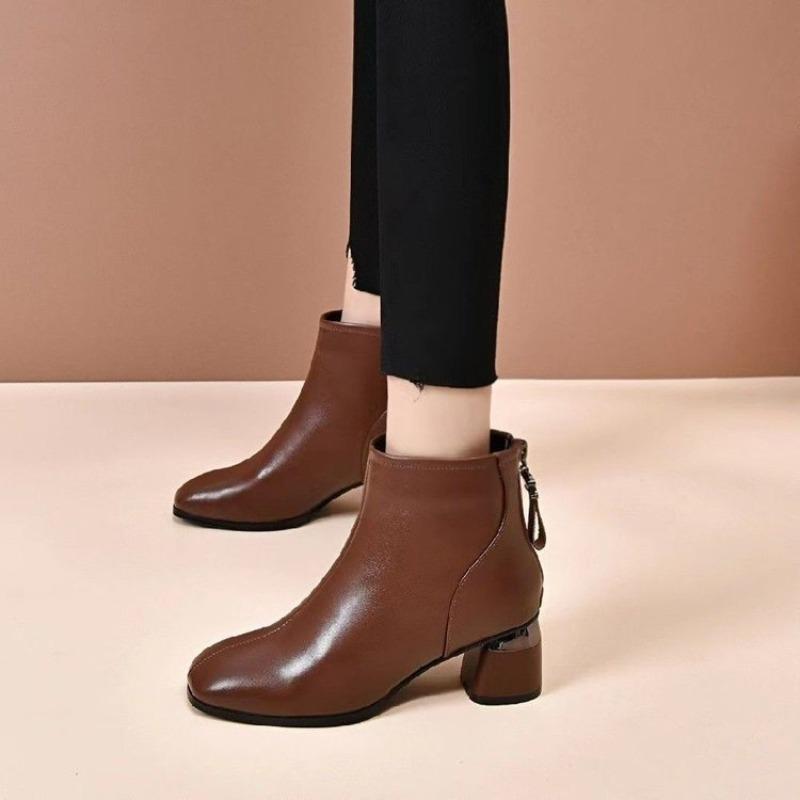 Round-toe High-heeled Short Boots for Women, New Autumn-winter Style, Single Shoes with Thick Heels