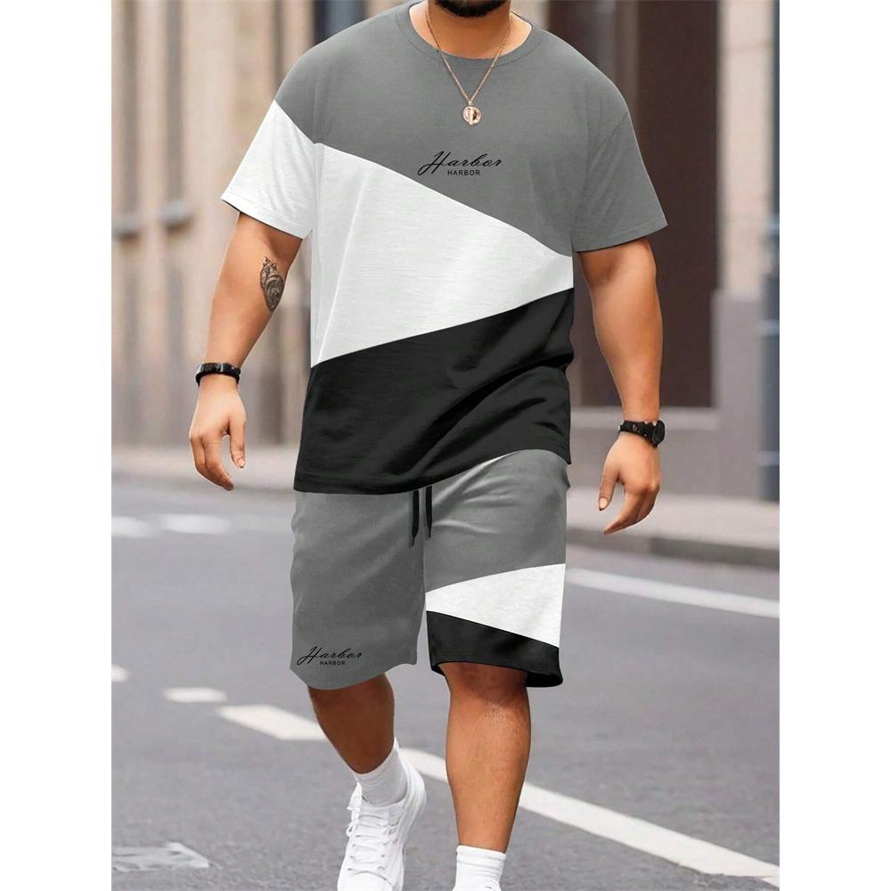 Tricou de vară patchwork monogramat bărbați gât rotund mânecă scurtă pantaloni scurți cu șnur trening îmbrăcăminte fotografie stradală în aer liber