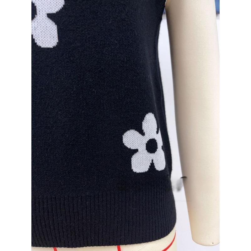 Women's printed V-neck sleeveless knitted floral pullover sweater