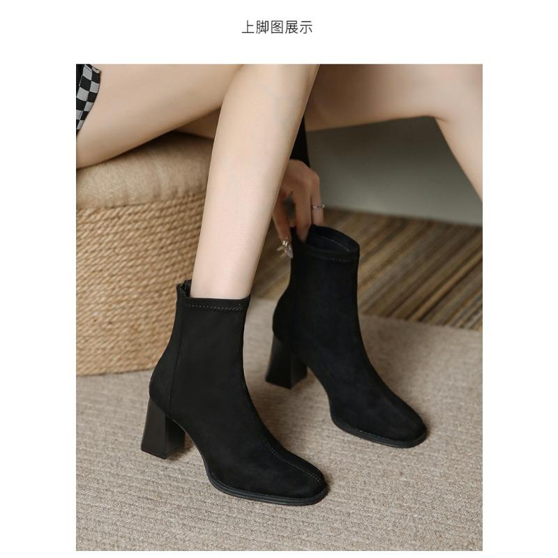 Nude Spring and Autumn Fleece Coarse Heel Fried Street Small Short Boots Women's Elastic Skinny Boots Suede Martin Boots High Heels