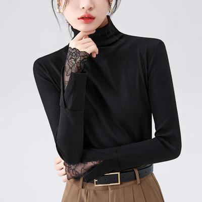 Women Bottoming Tops Slim Fit High Collar Long Sleeve Shirt with Slit Lace Cuffs