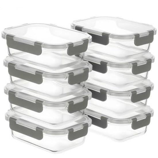 S SALIENT Heat-resistant Glass Storage Container Meal Prep Tupperware Microwave Safe Airtight Dishwasher 8-piece Set Gray