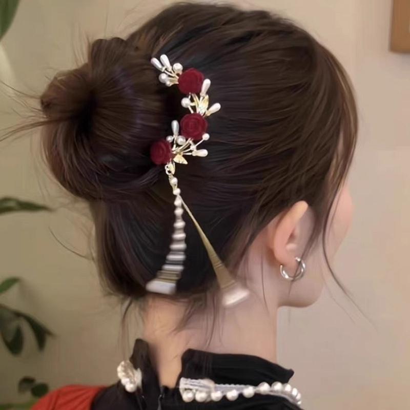 New Chinese Style Red Rose Fringe Hairpin Vintage Rose Hair Sticks Hairwear For Women Hair Fork Disk Hair Chopsticks Headdress