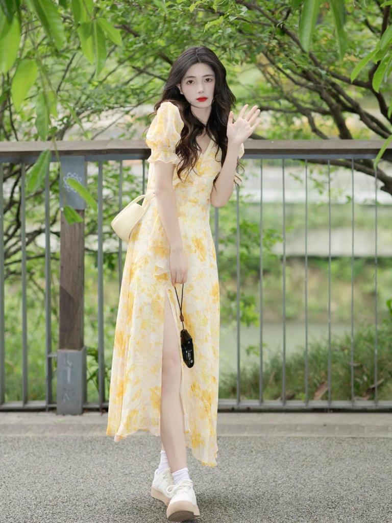Tea Break French Campanula Retro Style Yellow Floral Chiffon Dress - Women's Summer Waist-Cinching Design