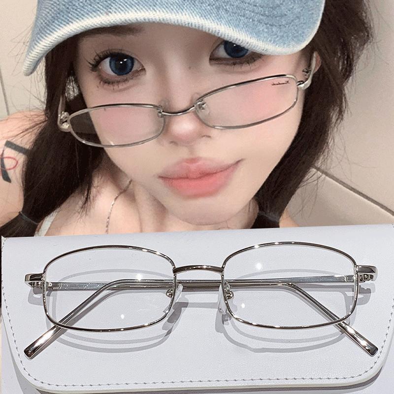 Square Glasses Frame for Women Small Metal Frame Flat Anti-blue Glasses Japanese Men Vintage Trendy Silver Y2K Reading Glasses