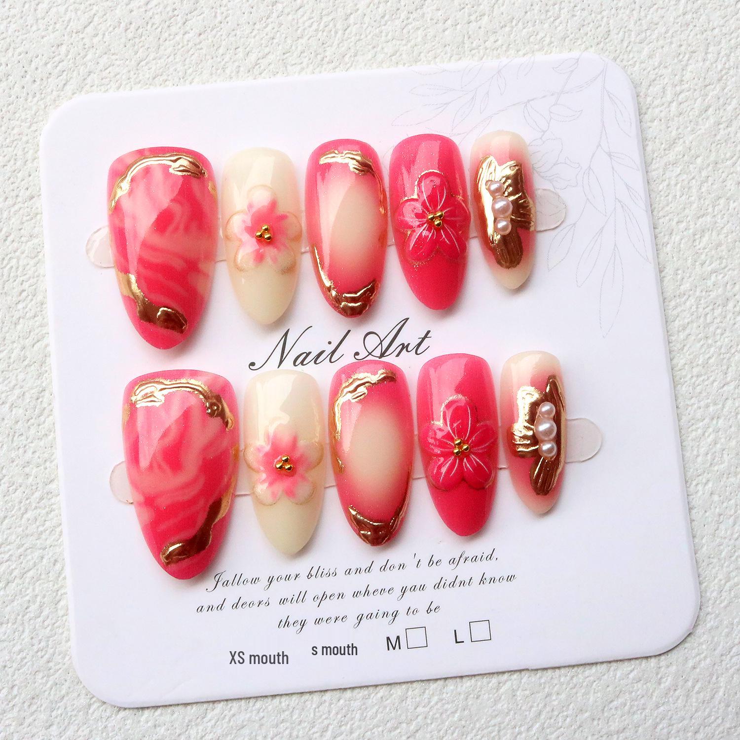 3D Stereo Carved Red Pink Gradient Gold Foil Wearable Nails - Gentle Skin-Brightening Nail Art Stickers